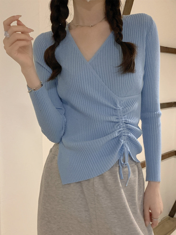 💕法式不規則扭結V領針織長袖毛衣