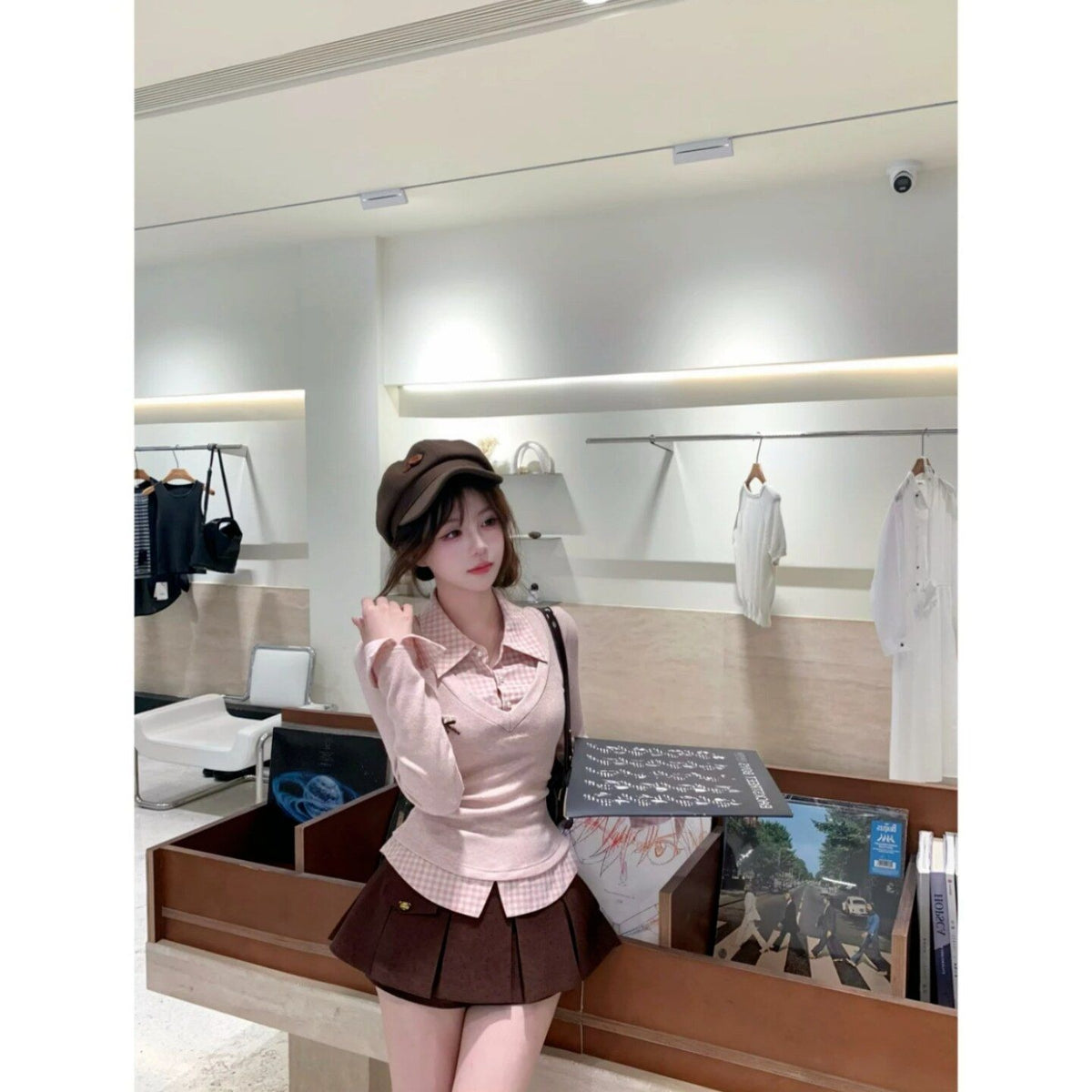 💕秋季修身甜美假兩件襯衫上衣+半身裙套裝