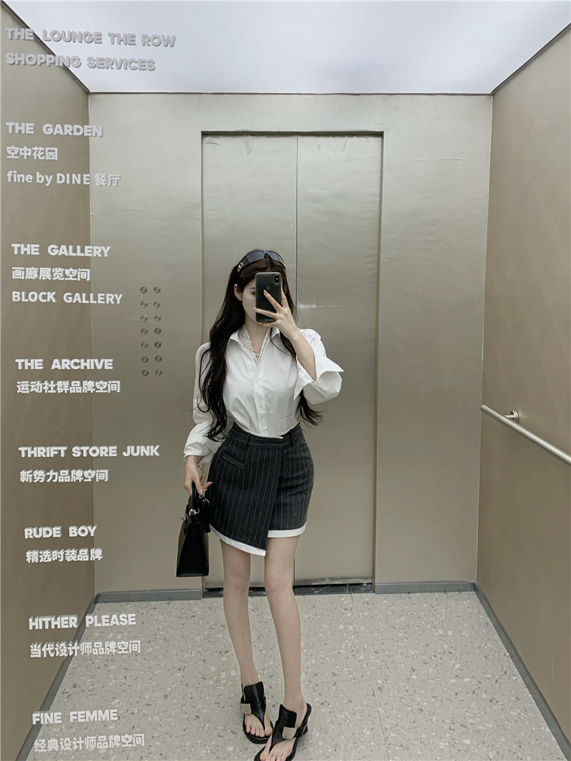 💕氣質翻領蕾絲花邊長袖襯衫不規則半身裙兩件套