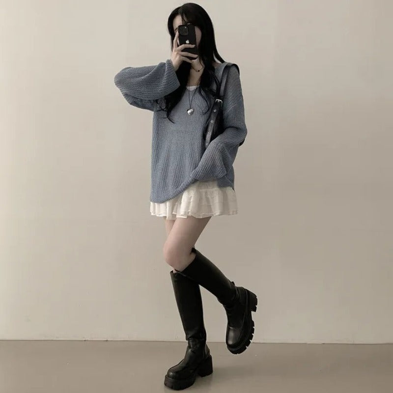 💕韓系寬鬆慵懶V領防曬罩衫針織毛衣