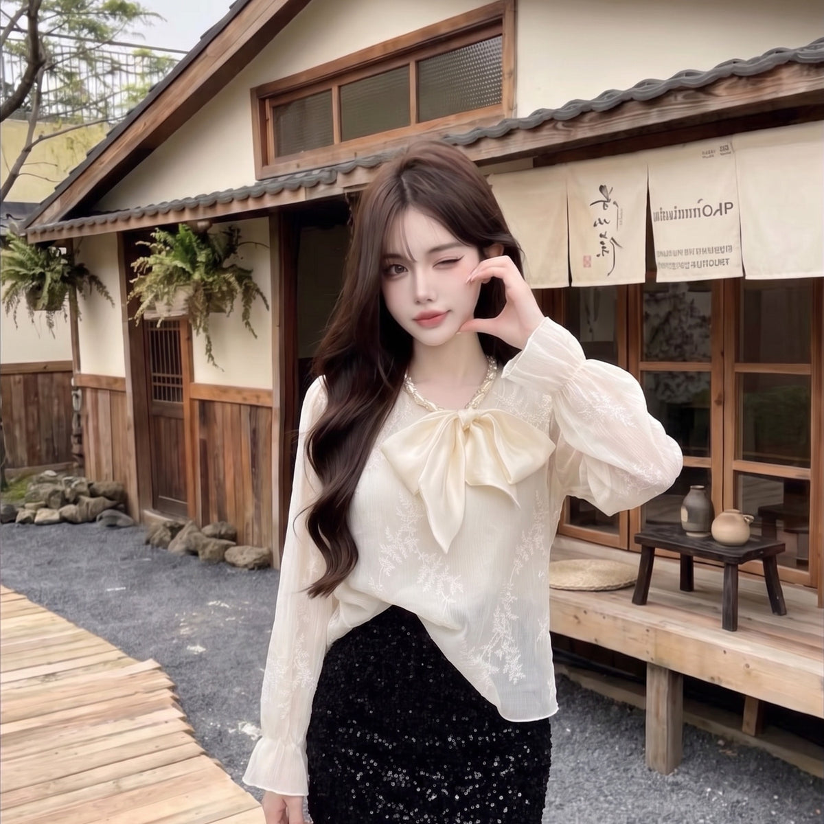💕法式溫柔蝴蝶結長袖襯衫杏色上衣