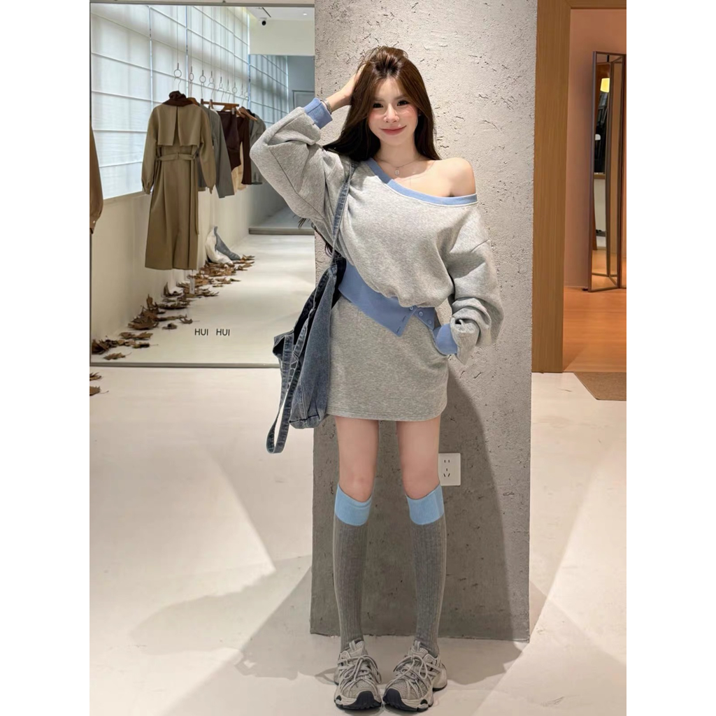 💕韓系辣妹露肩衛衣包臀短裙休閒套裝