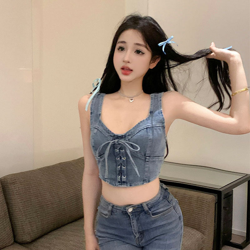 💕時尚辣妹綁帶牛仔背心