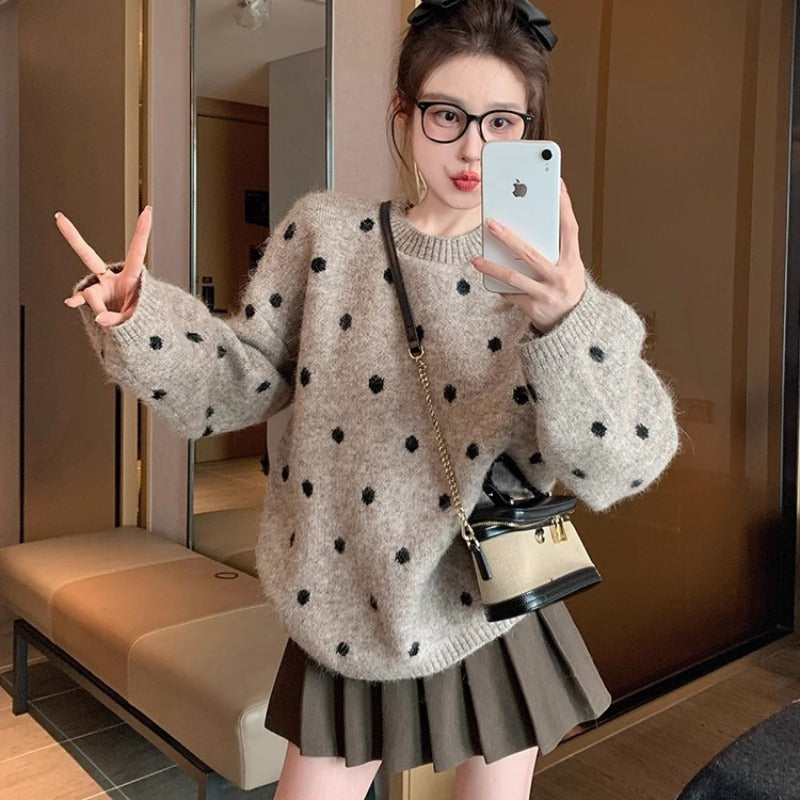 💕chic韓系點點秋冬加厚寬鬆休閒圓領上衣