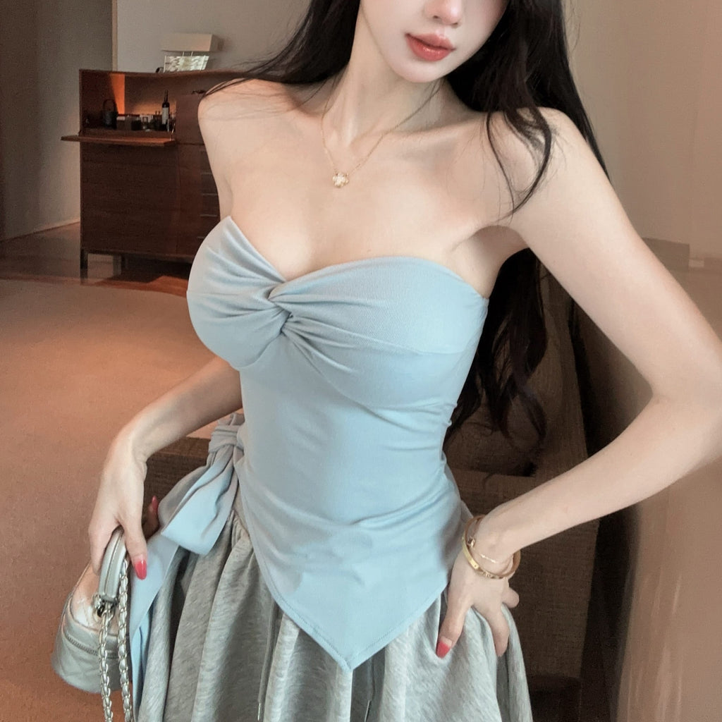 💕氣質帶胸墊不規則下擺系帶扭結兩件套