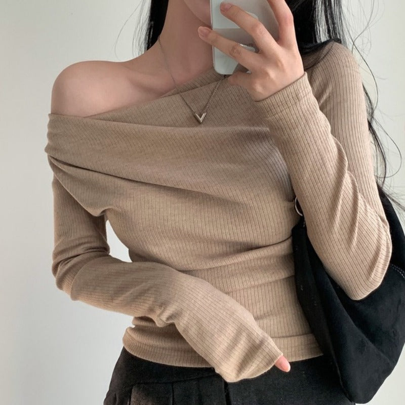💕溫柔春秋純欲露肩+飄帶顯瘦法式上衣
