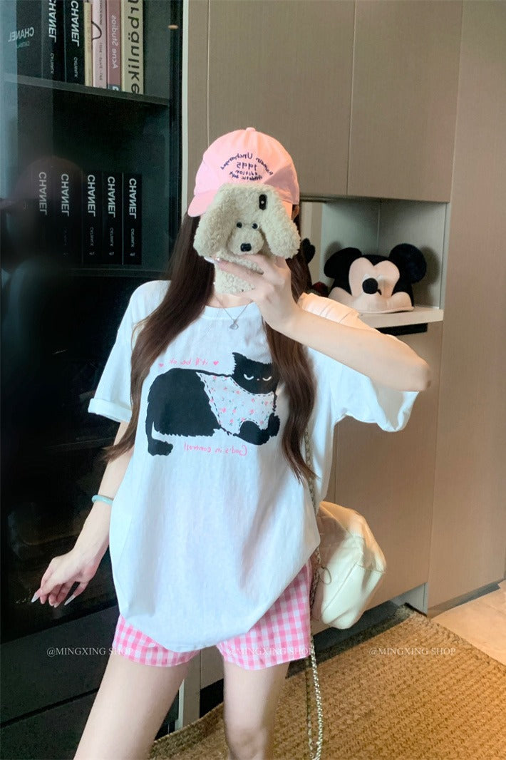 💕居家貓咪印花圓領T+格子短褲兩件套