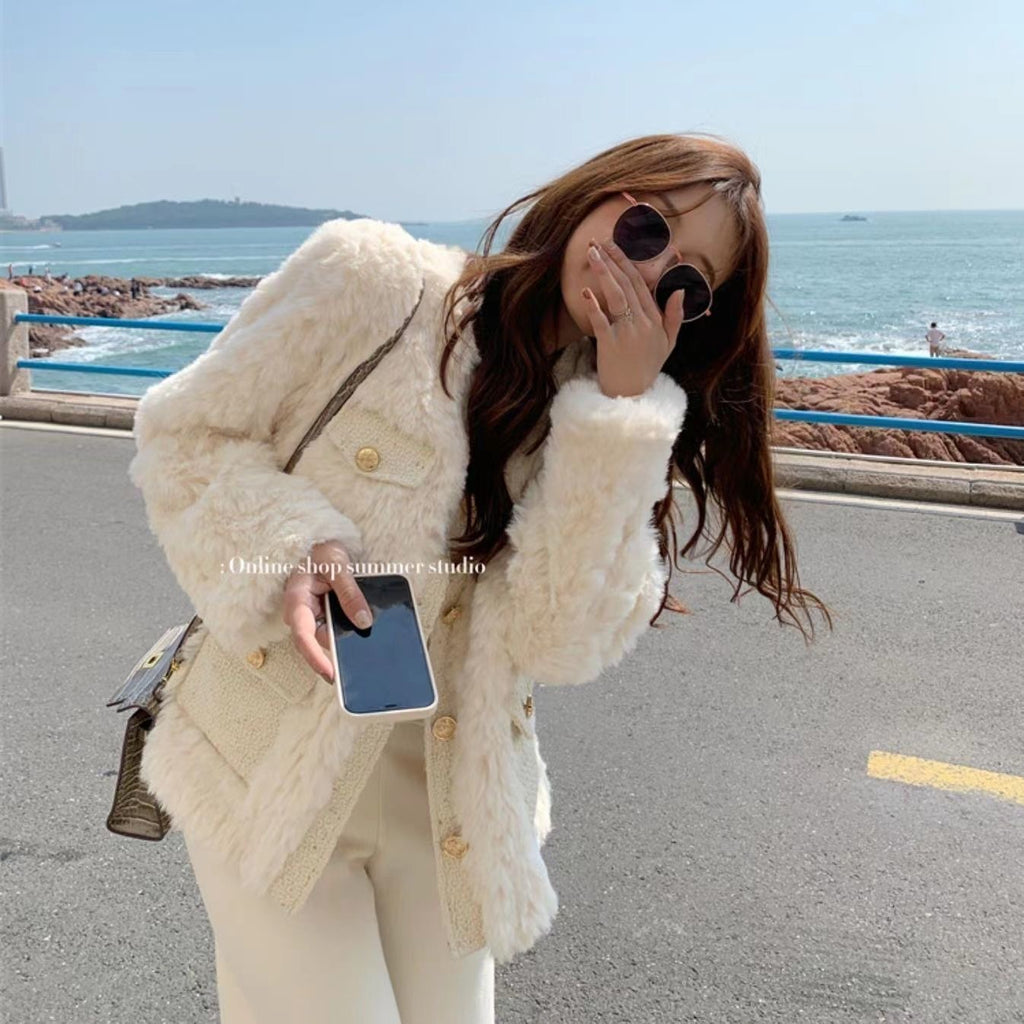 💕小香高級感仿兔毛加厚圓領外套
