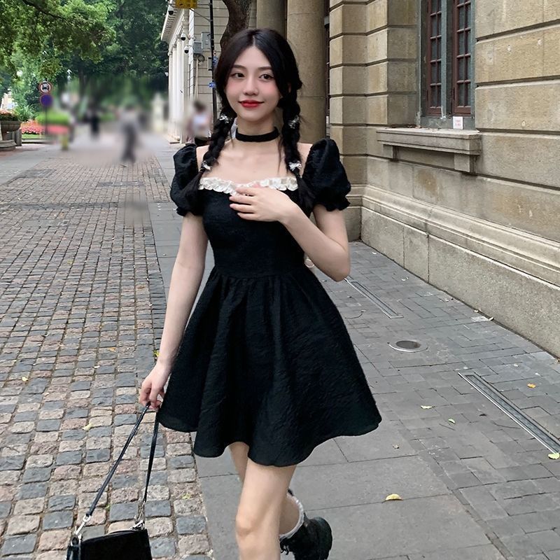 💕方領法式花邊露背蝴蝶結小個子澎澎短裙