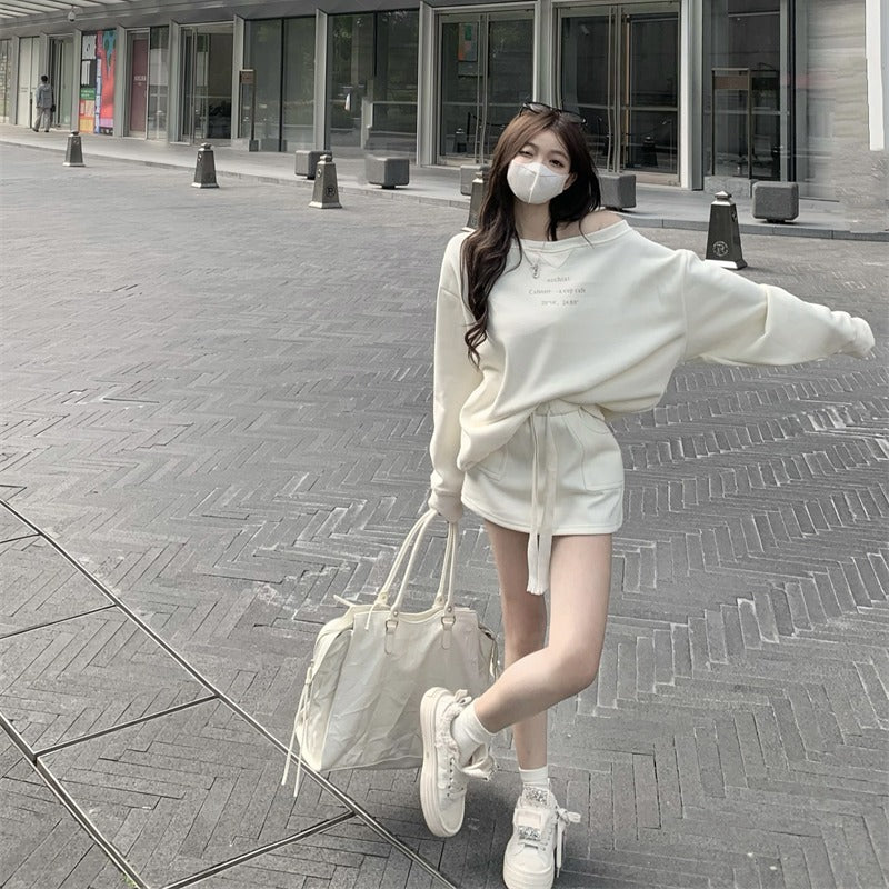 💕休閒簡約百搭一字肩印花長袖衛衣套裝