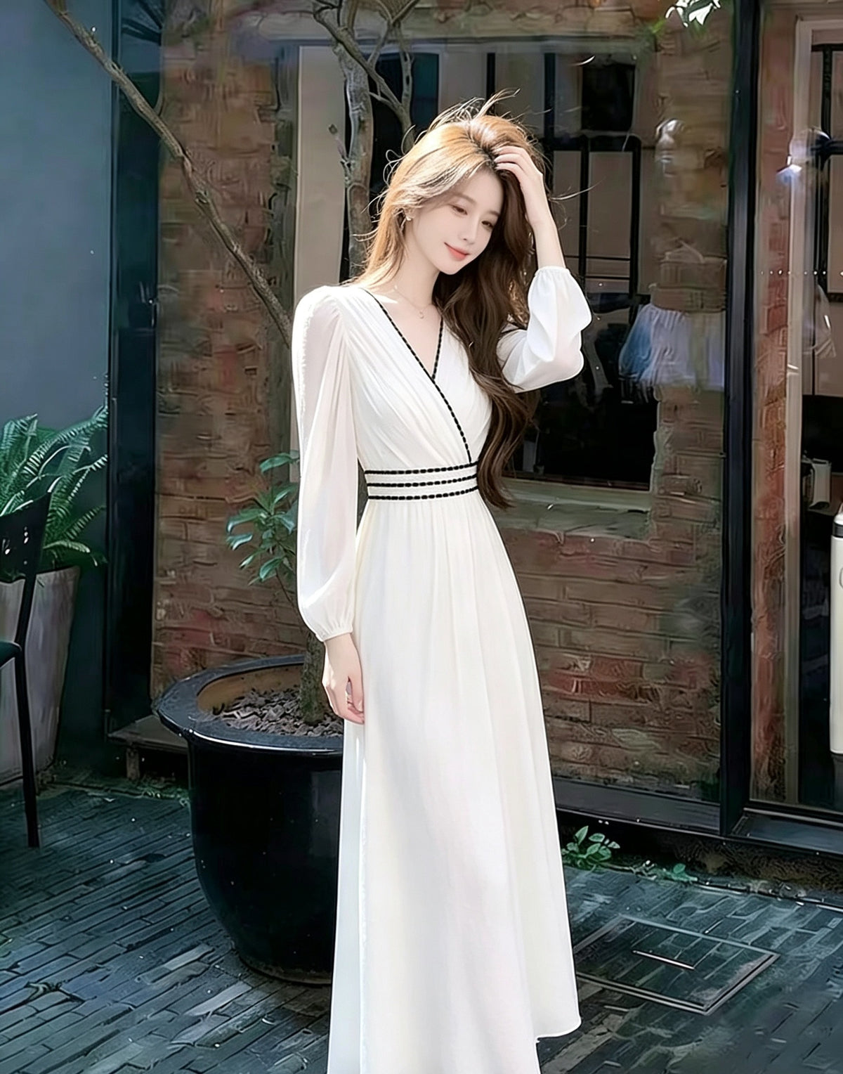 💕法式白色V領長款撞色黑邊收腰連衣裙