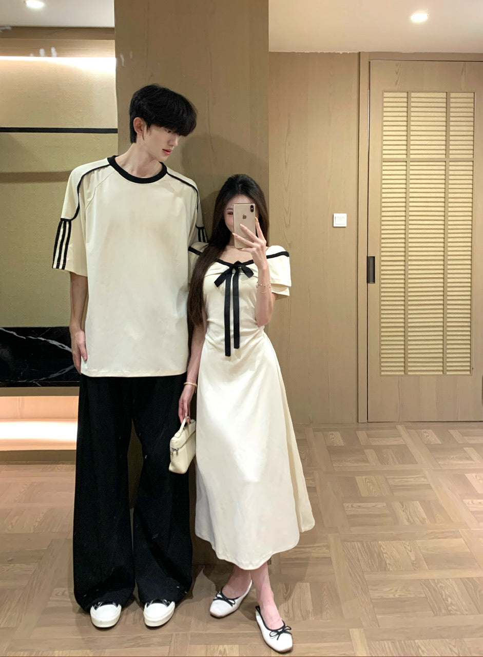 💕法式氣質杏色蝴蝶結收腰長裙情侶裝