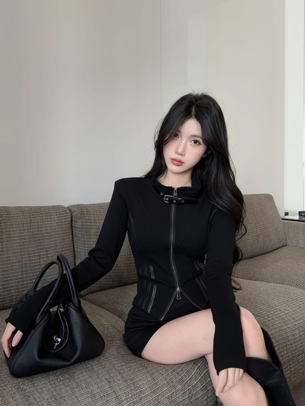 💕甜酷颯設計長袖翻領雙拉鍊顯瘦外套