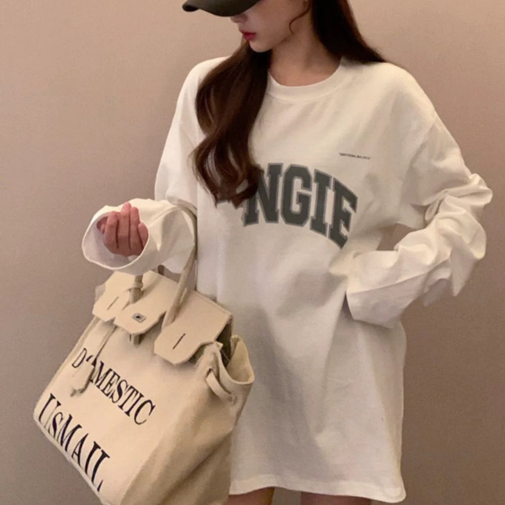 💕居假百搭簡約印花長袖寬鬆上衣