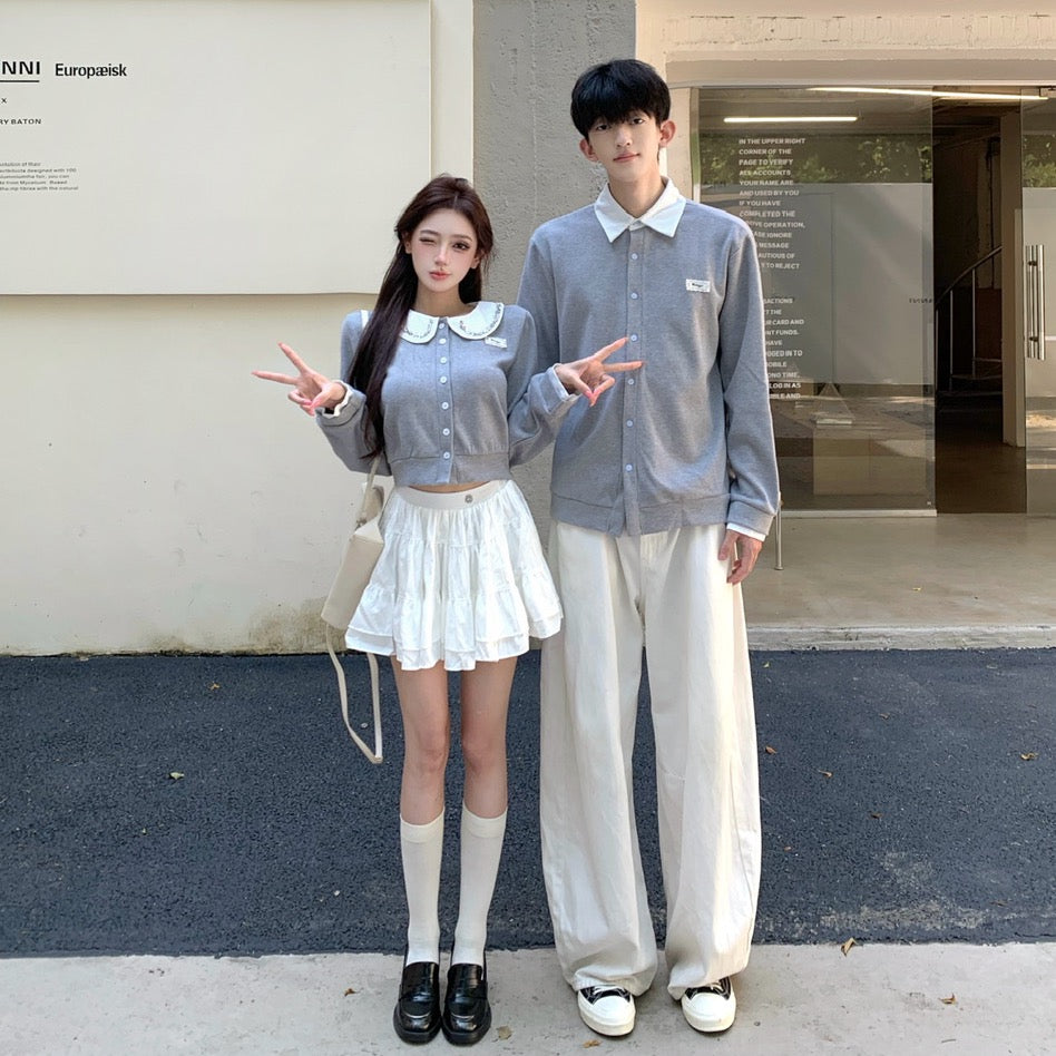 💕富家千金miu系學院娃娃領開衫情侶裝
