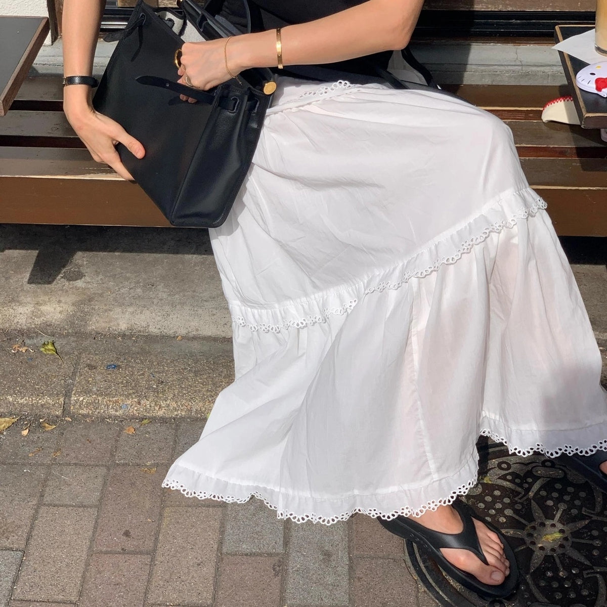 💕韓系東大門復古高腰拼接蕾絲邊蛋糕休閒長裙