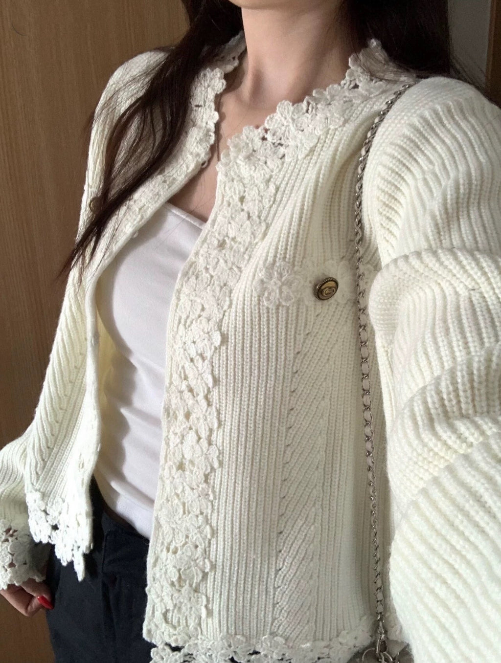 💕法式蕾絲花邊白色小香風三件套