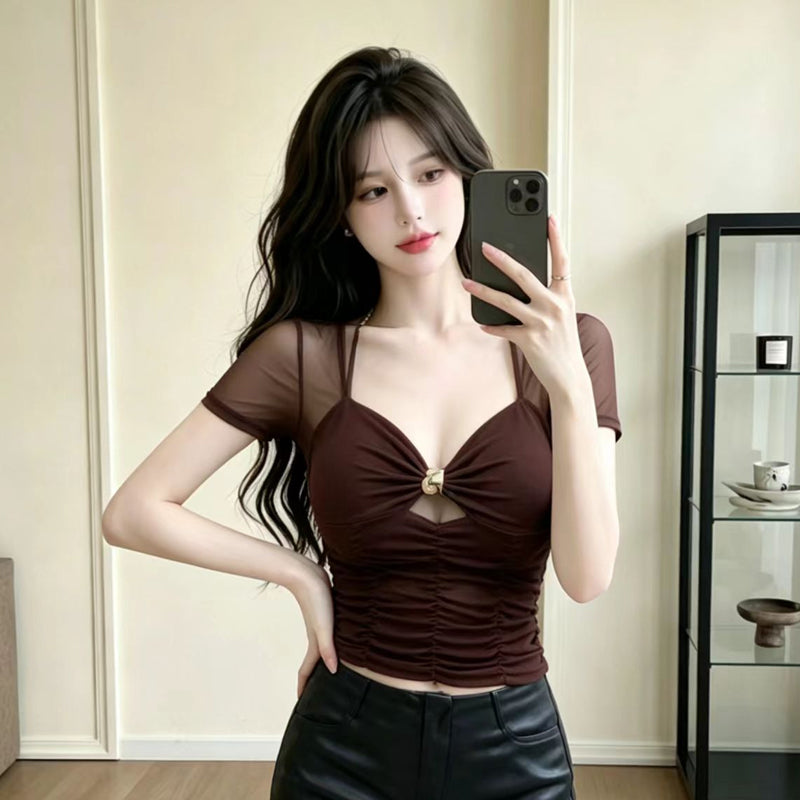 💕性感金屬扣網紗拼接百搭顯瘦上衣