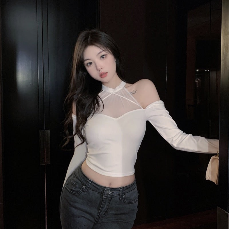 💕網紗拼接露肩長袖顯瘦上衣