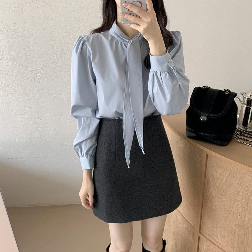 💕韓系chic法式飄帶領結襯衫