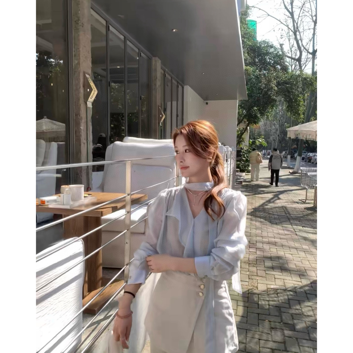 💕飄帶上衣+屁連褲子套裝