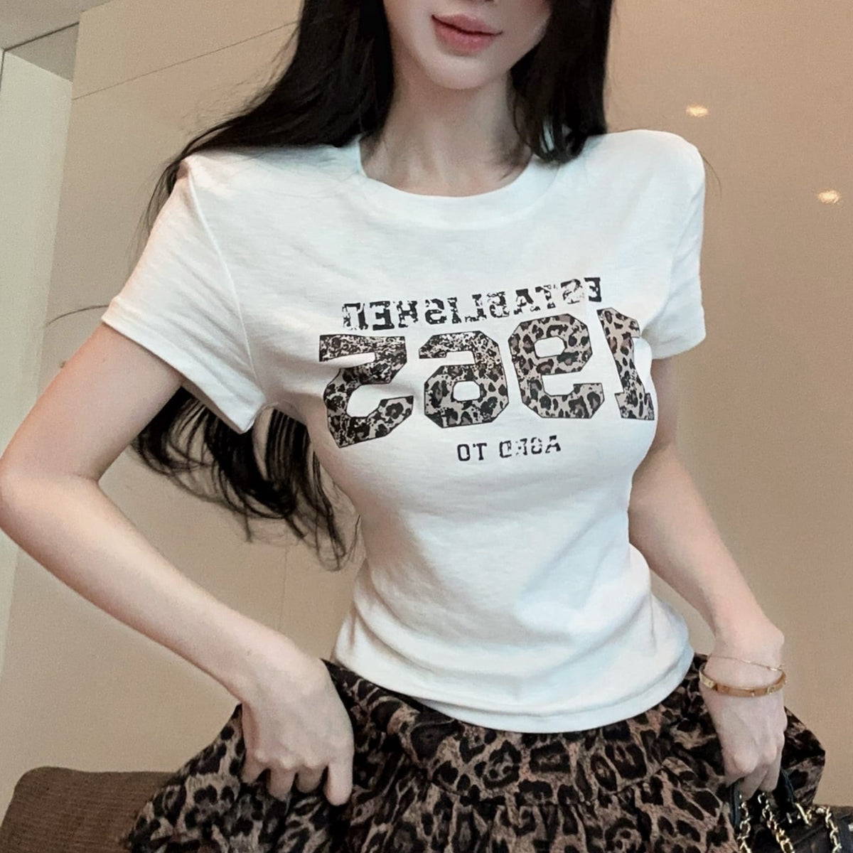 💕夏季豹紋印花圓領百搭短袖上衣