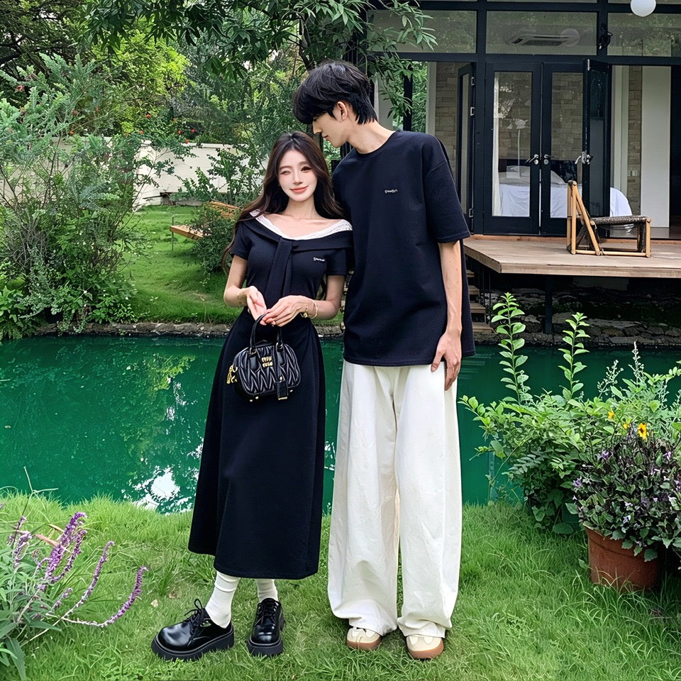💕夏季法式V領蕾絲系帶假兩件連身裙情侶套裝