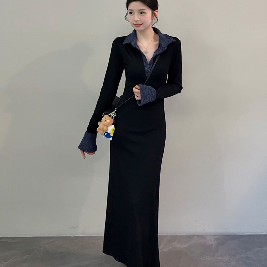 💕復古溫柔polo領黑色拼接針織連衣裙