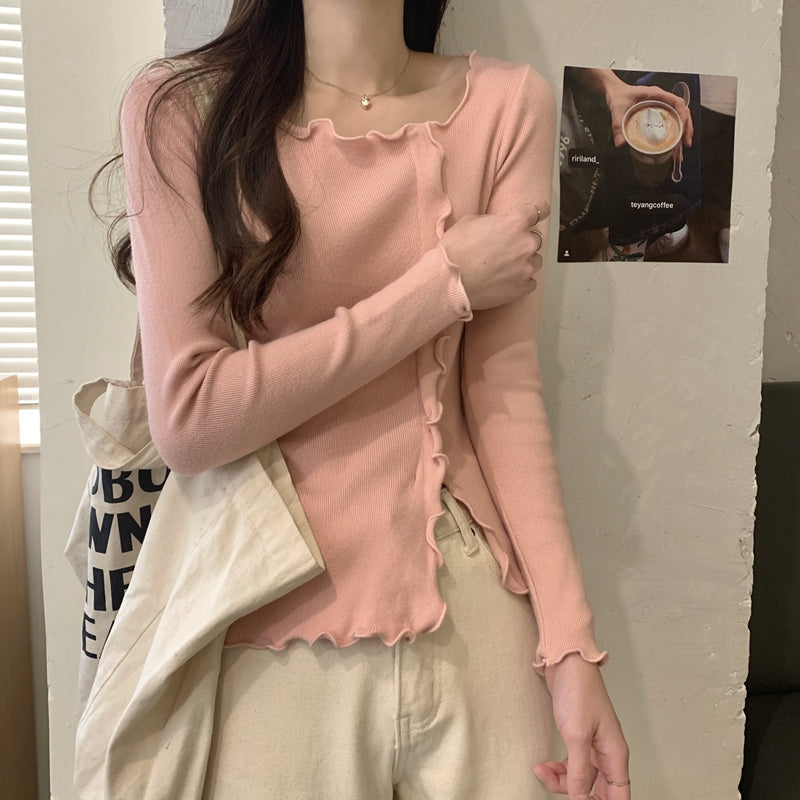 💕溫柔木耳邊不規則針織短款長袖上衣