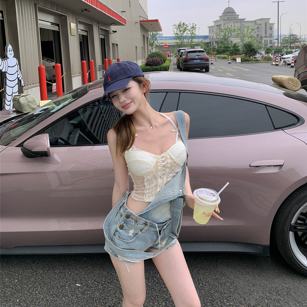 💕活潑俏皮百搭牛仔背帶短褲