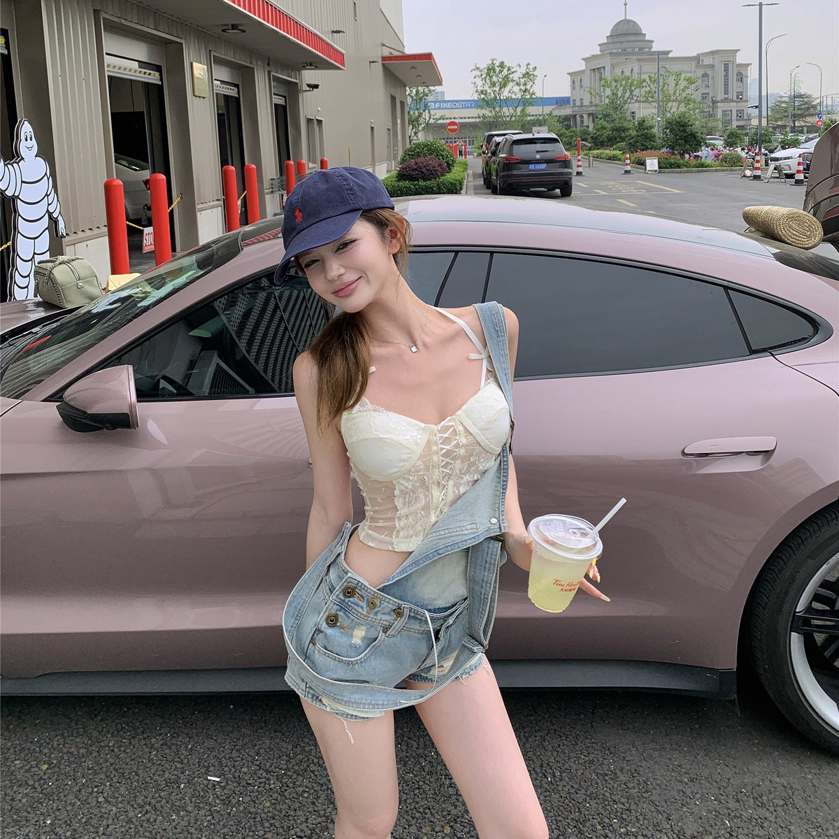 💕活潑俏皮百搭牛仔背帶短褲