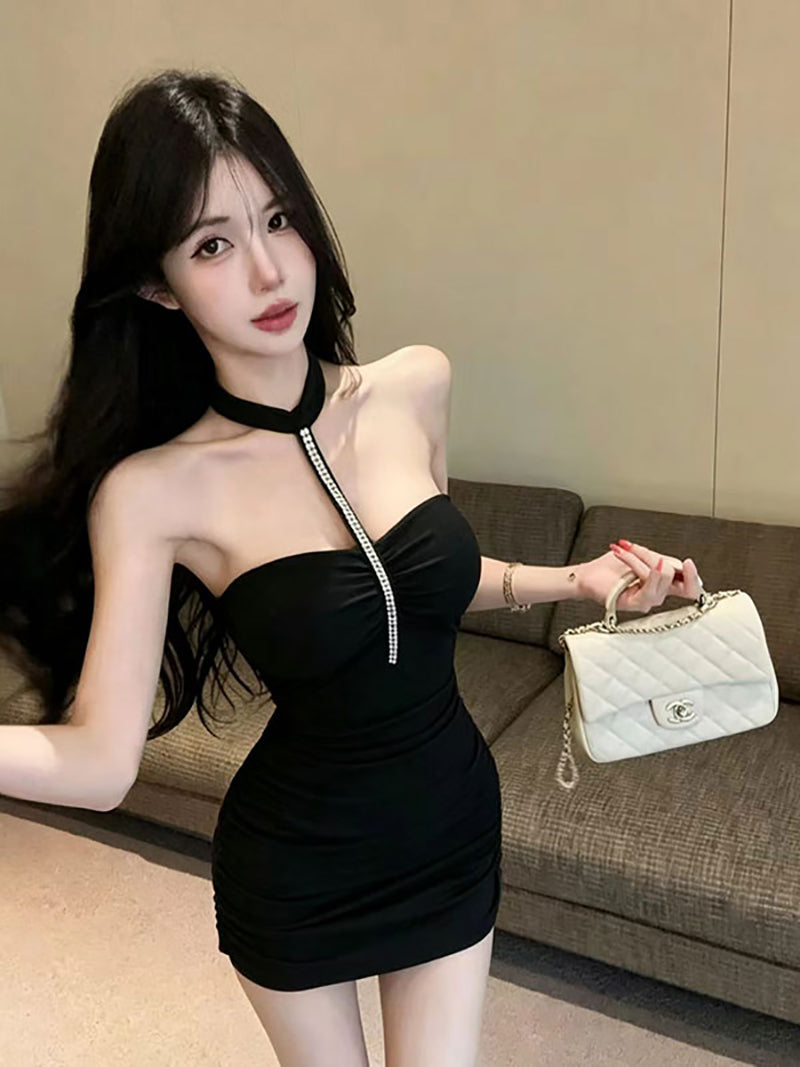 💕辣妹性感御姐風掛脖手工釘鑽緊身包臀裙
