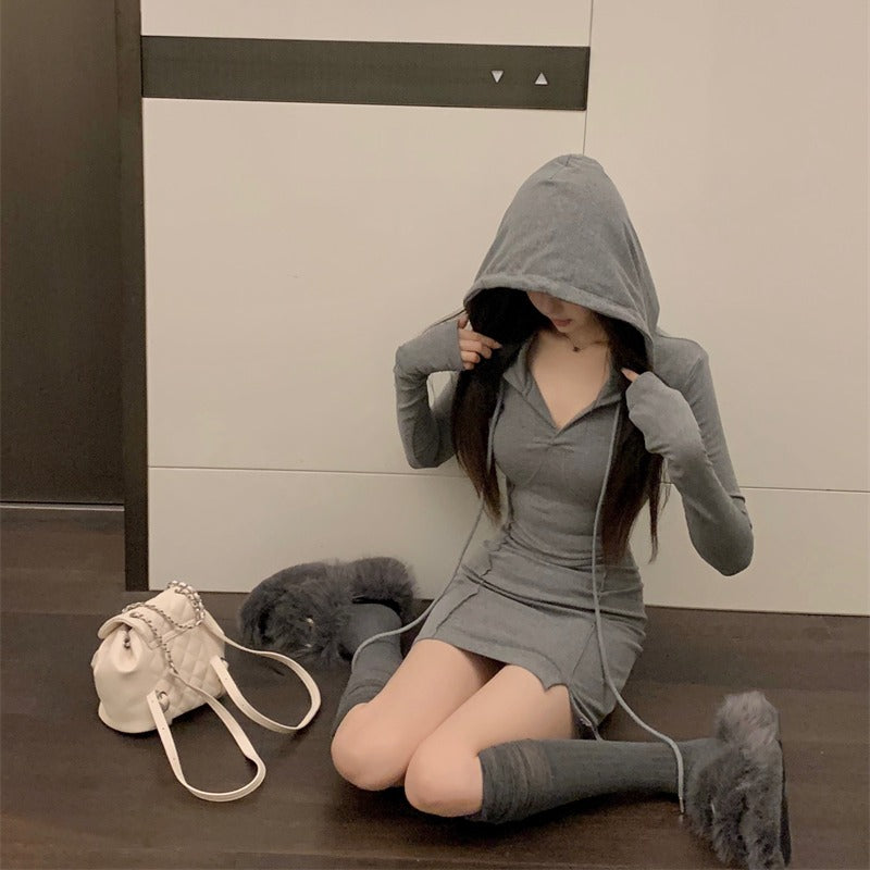 💕秋款連帽長袖收腰緊身包臀裙