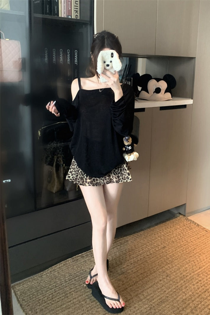 💕純色斜肩領露肩長袖豹紋半身裙兩件套
