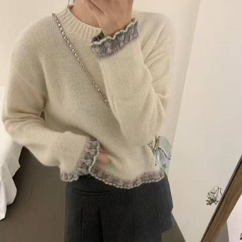💕韓系休閒氣質羊絨花邊針織上衣