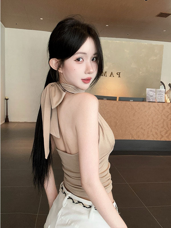 💕掛脖飄帶帶胸墊收腰無袖露肩上衣
