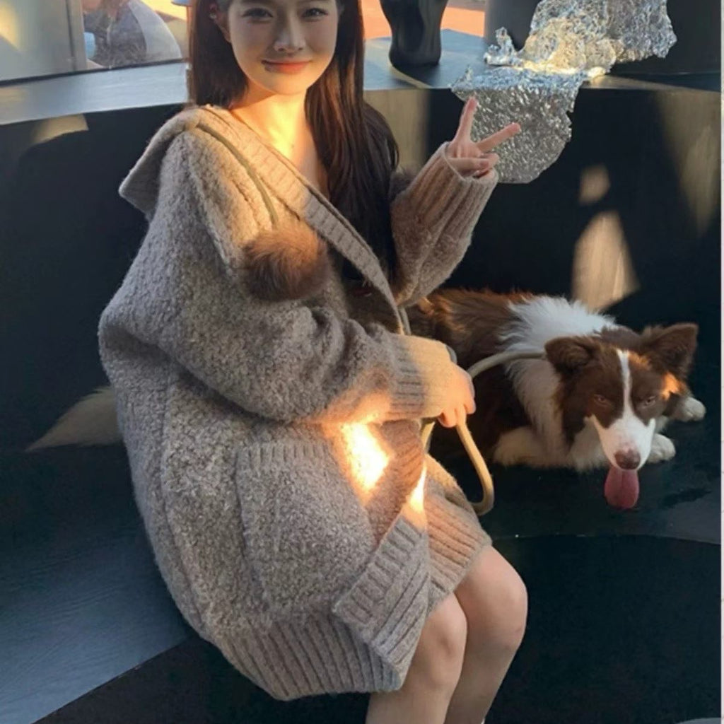 💕慵懶風灰色牛角扣連帽針織寬鬆顯瘦外套