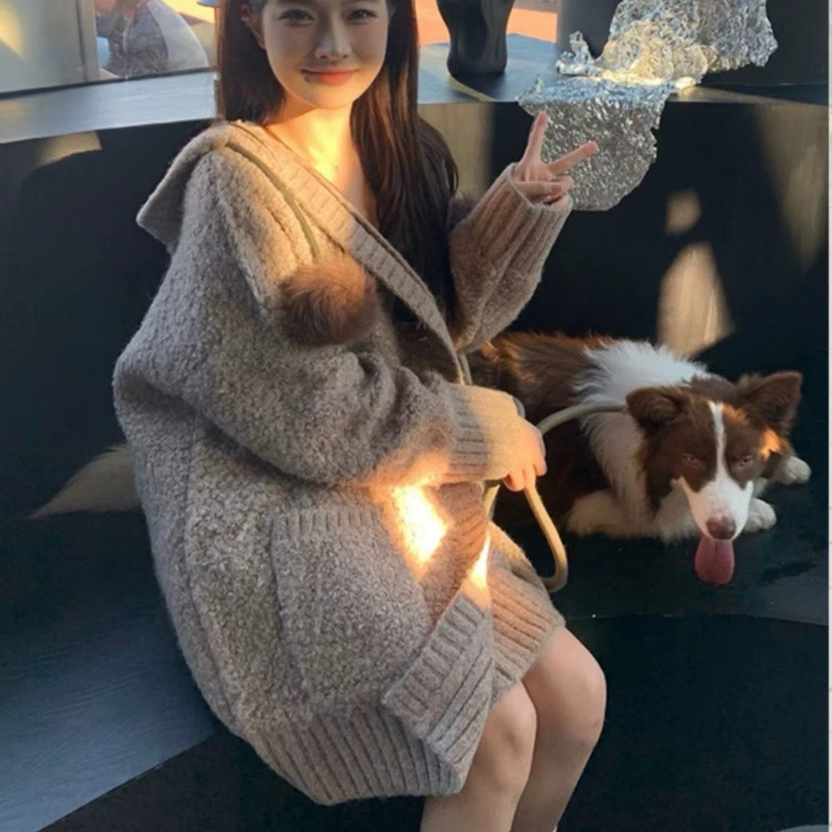 💕慵懶風灰色牛角扣連帽針織寬鬆顯瘦外套