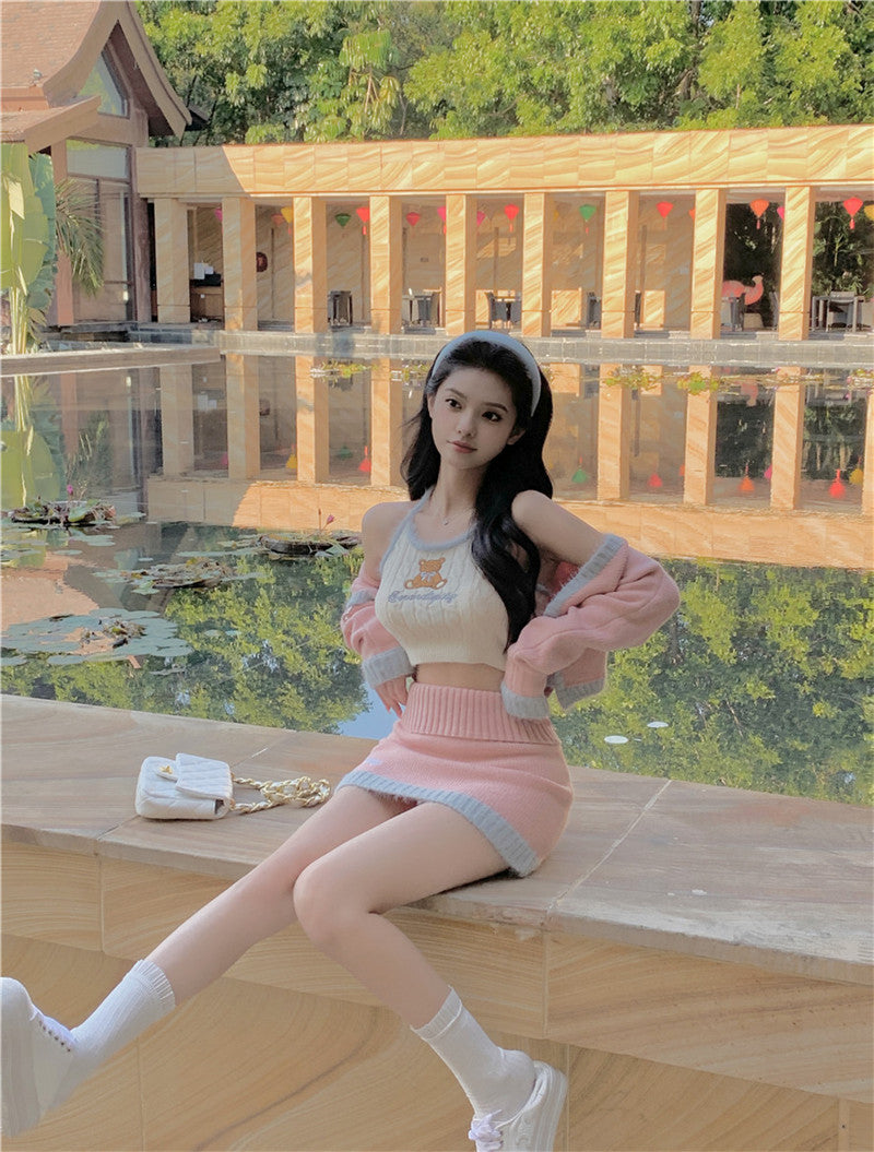 💕辣妹可愛小熊高腰印花拼接針織套裝
