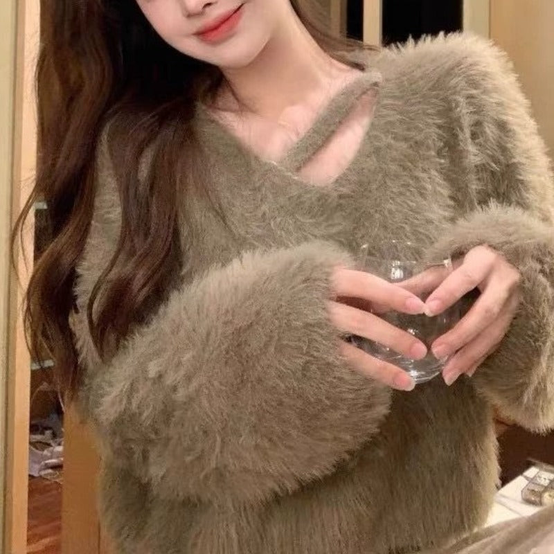 💕秋冬慵懶軟糯水貂毛短款上衣