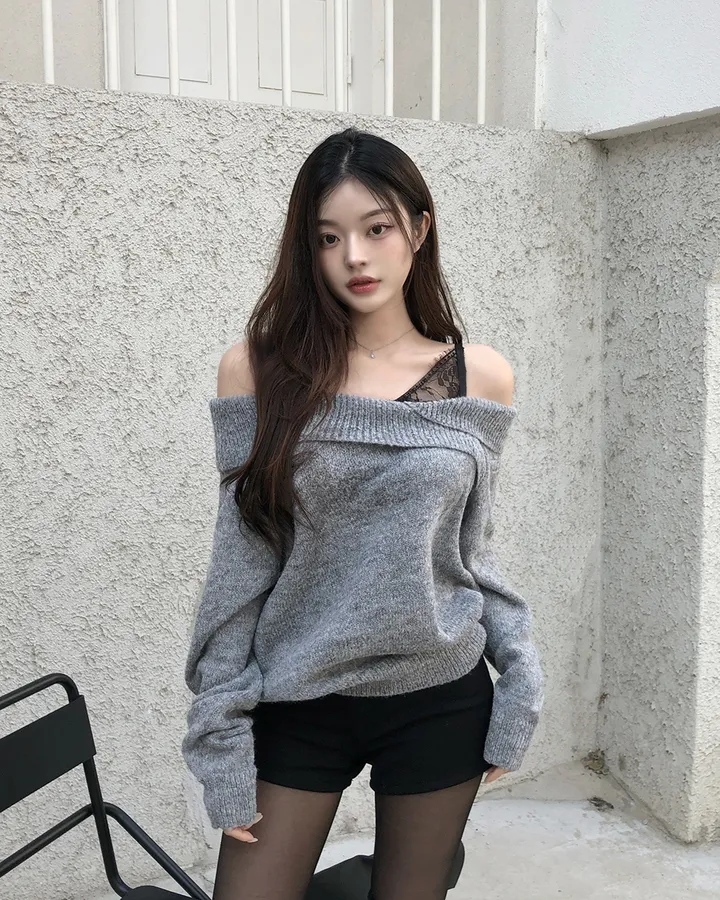 💕chic秋季假兩件蕾絲花邊打底一字肩針織上衣
