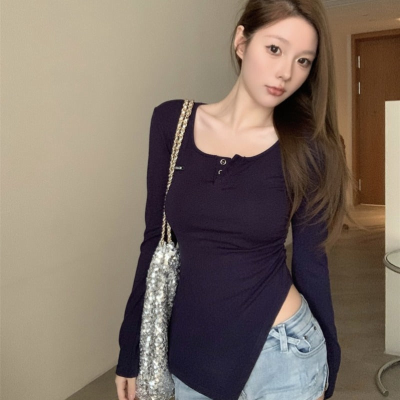 💕美式辣妹V領不規則顯瘦開衩上衣
