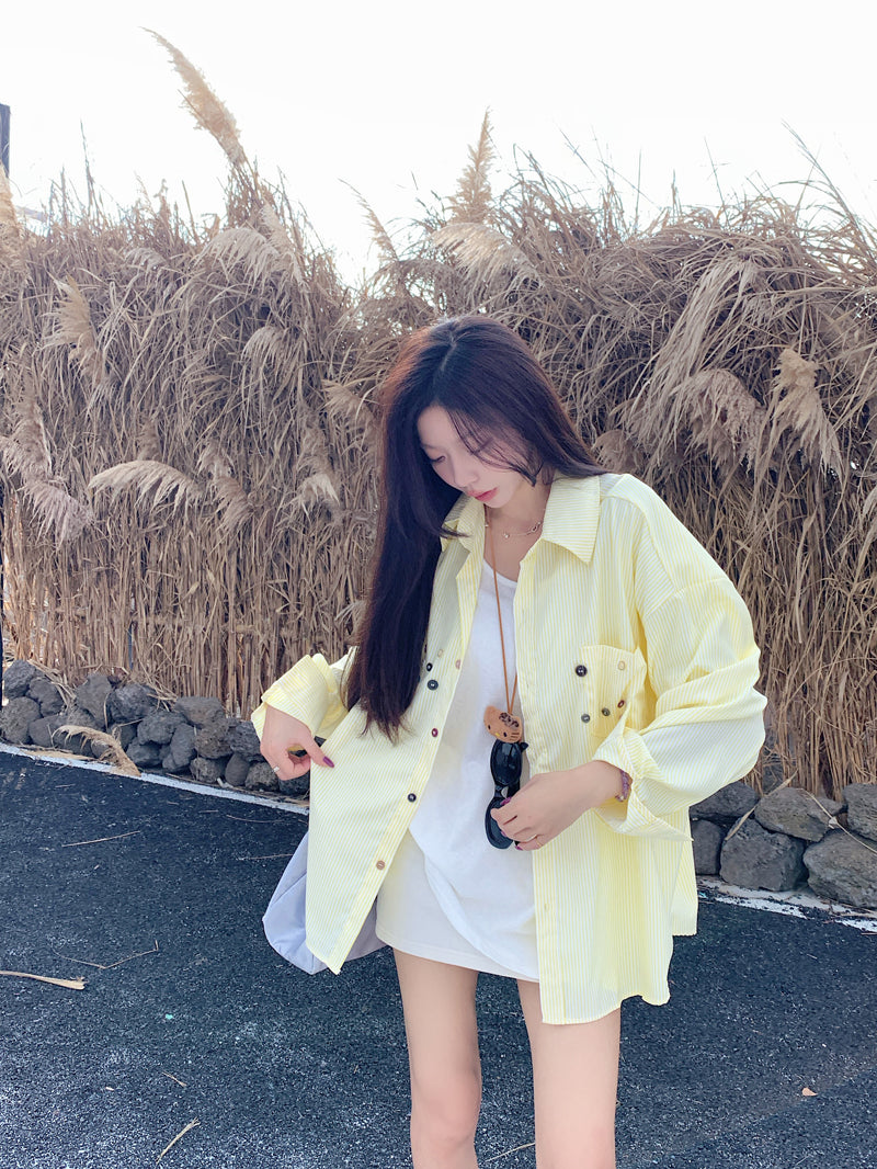 💕青春寬鬆百搭別緻彩色鈕扣條紋襯衫