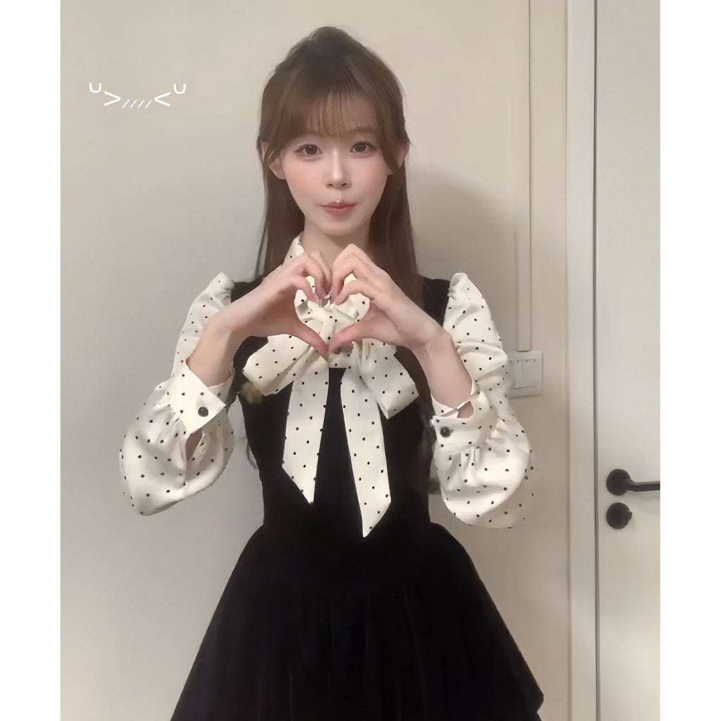 💕miu系富家千金絲絨點點收腰連衣裙