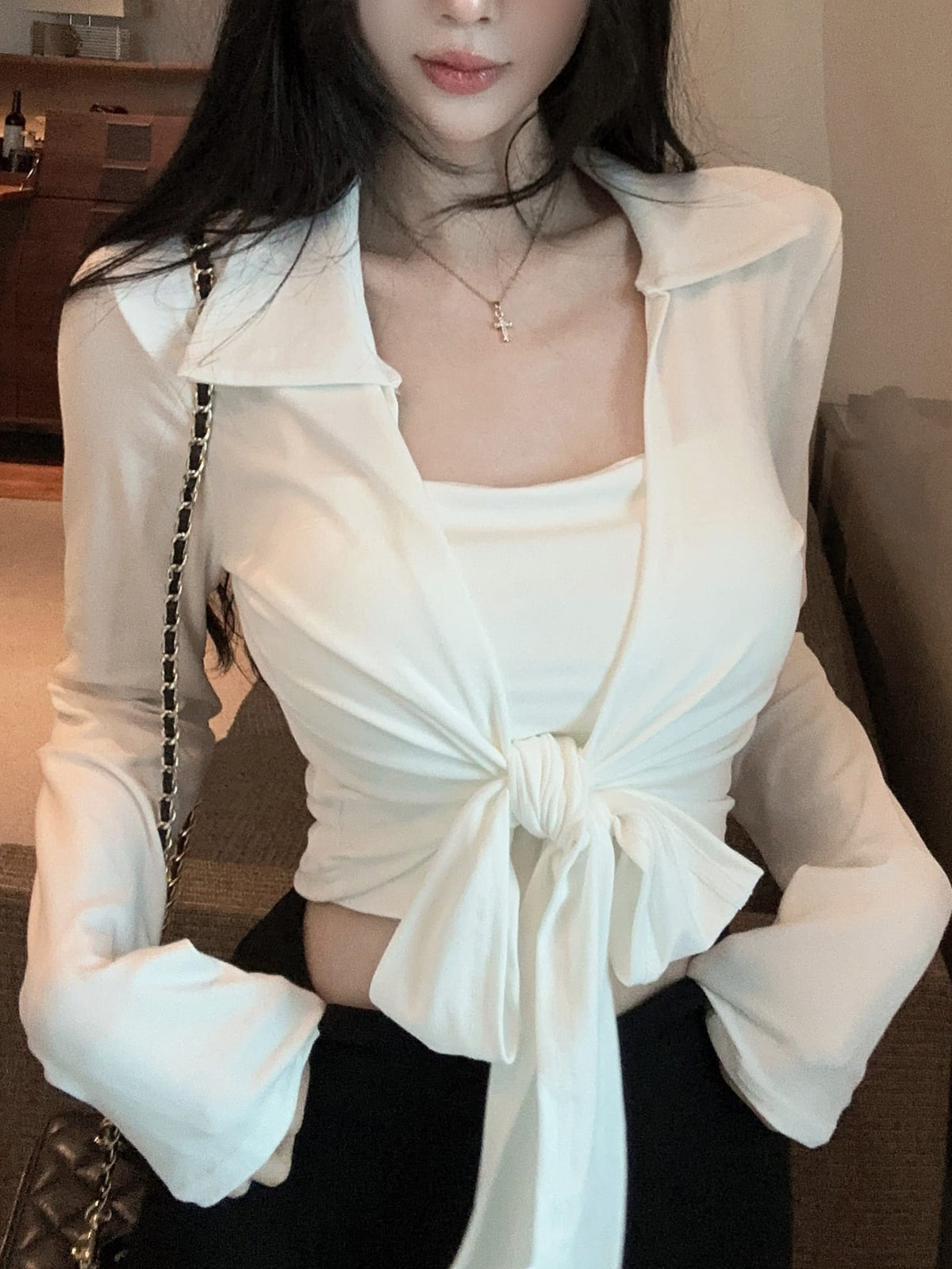 💕綁帶胸墊長袖翻領開衫吊帶兩件套