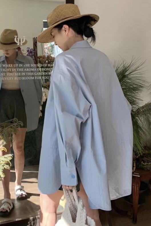 💕春夏藍色POLO領中長款休閒長袖襯衫