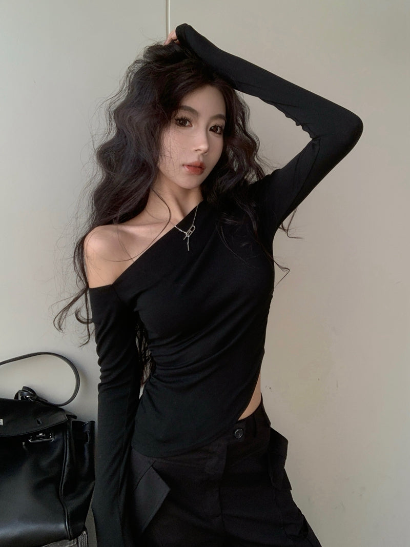 💕純欲性感不規則露肩黑色長袖斜肩上衣