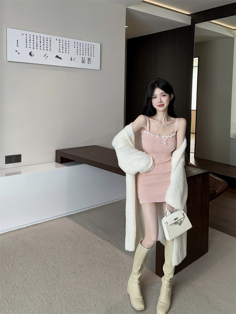 💕毛絨絨針織開衫純欲粉色吊帶裙兩件套
