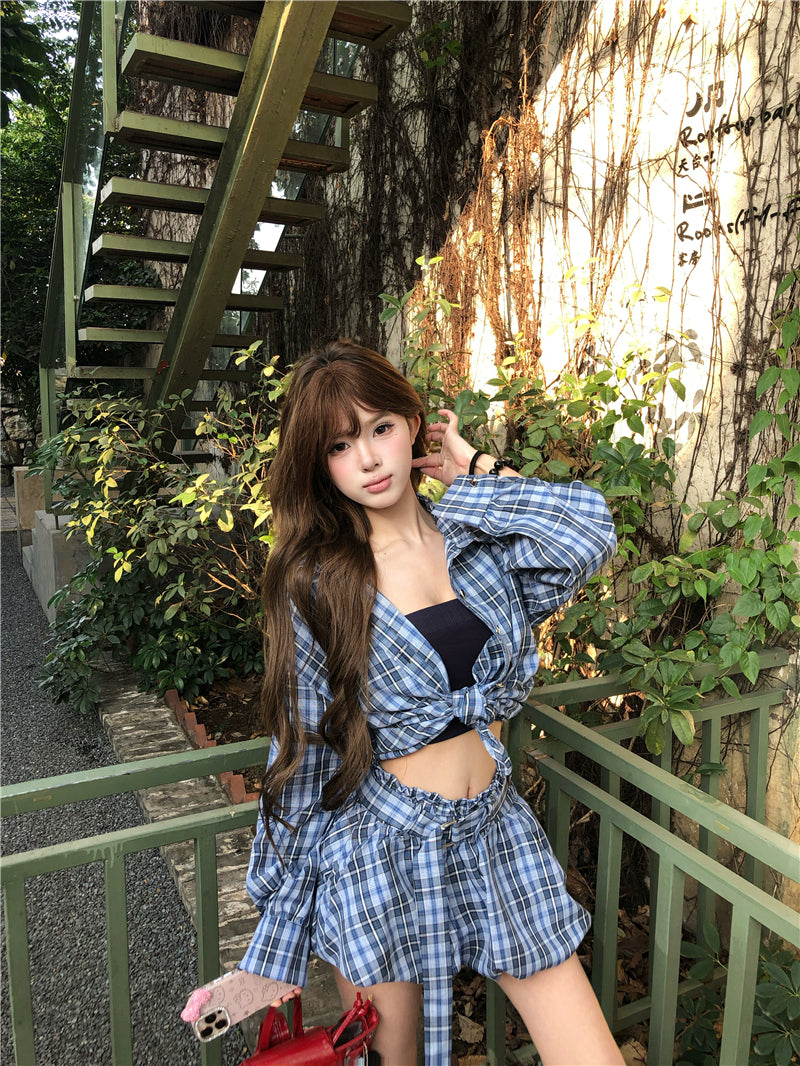💕藍調風復古格紋襯衫短款褲裙兩件套