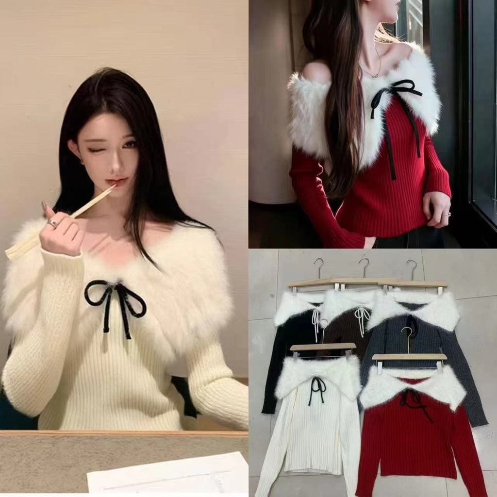 💕秋冬氛圍感白色毛毛拼接上衣